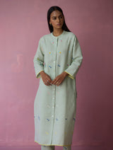 Miel Hand-Embroidered Jamdani Linen Shirt Kurta - Aqua