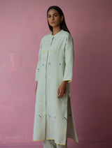 Miel Hand-Embroidered Jamdani Linen Shirt Kurta - Aqua