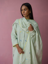 Miel Hand-Embroidered Jamdani Linen Kurta Set - Aqua