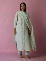 Miel Hand-Embroidered Jamdani Linen Kurta Set - Aqua