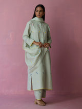Miel Hand-Embroidered Jamdani Linen Kurta Set - Aqua