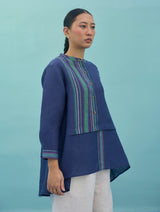 Amaya Border Linen Top - Indigo