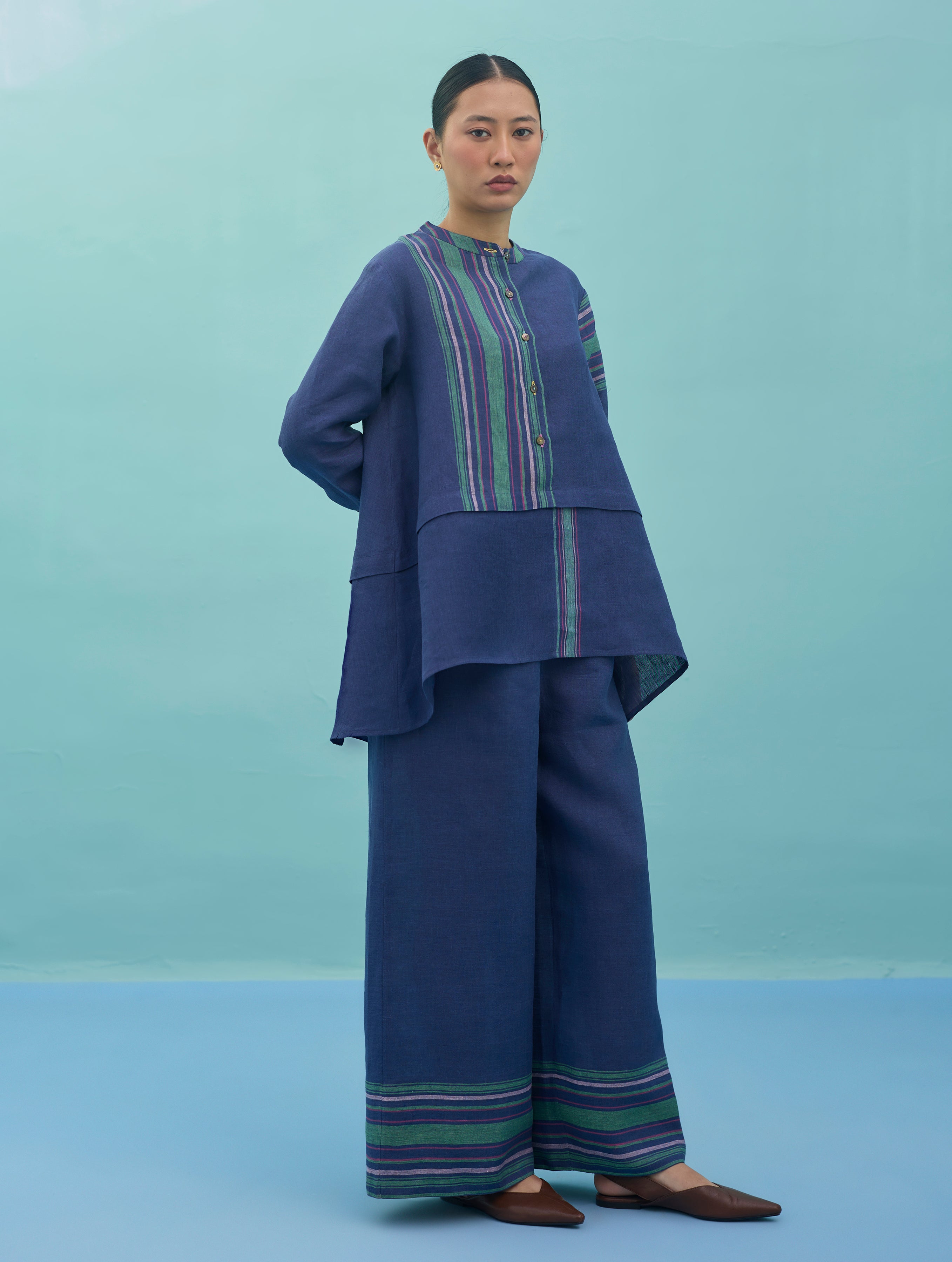 Amaya Border Linen Co-ord Set - Indigo