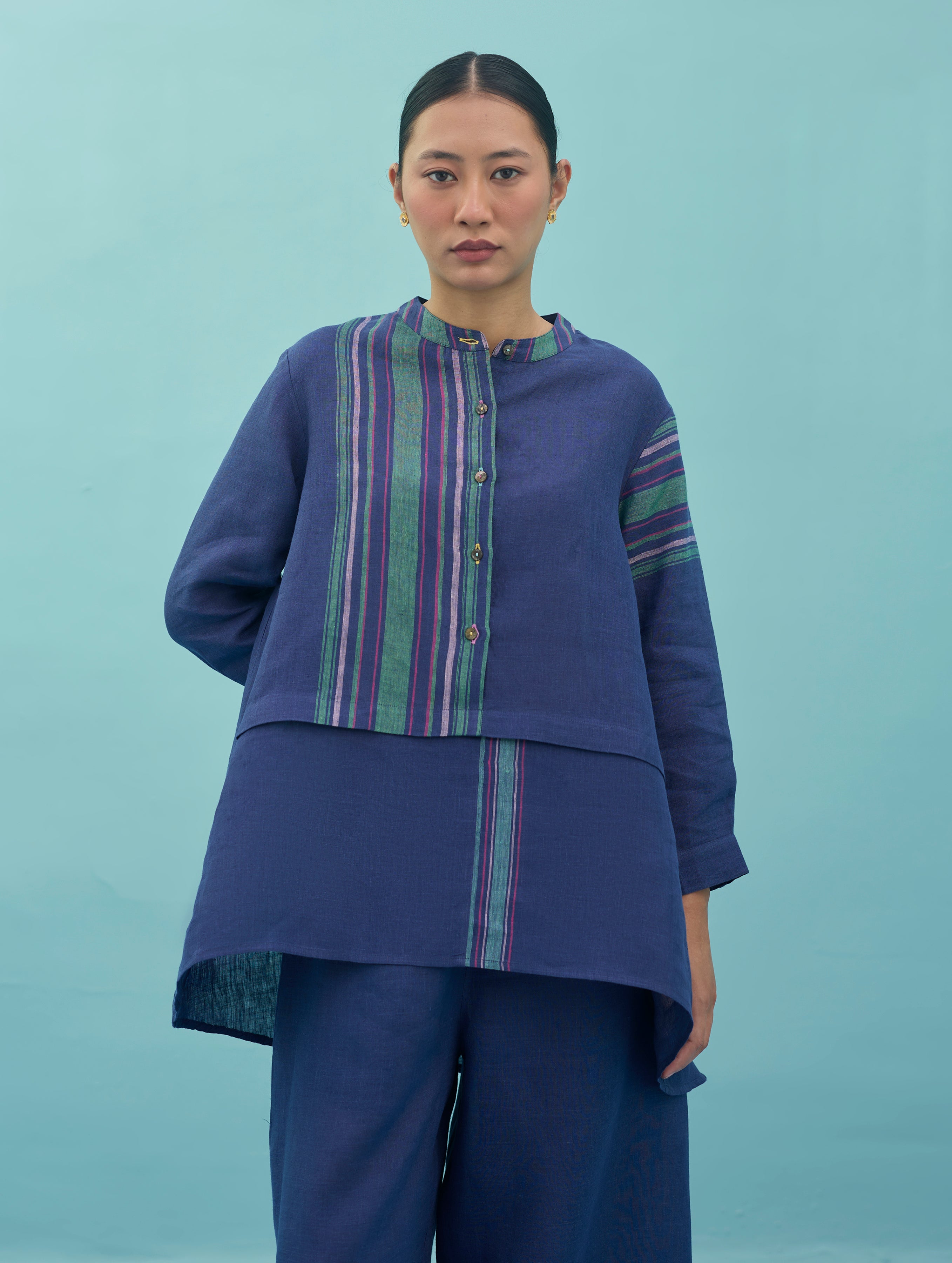 Amaya Border Linen Co-ord Set - Indigo