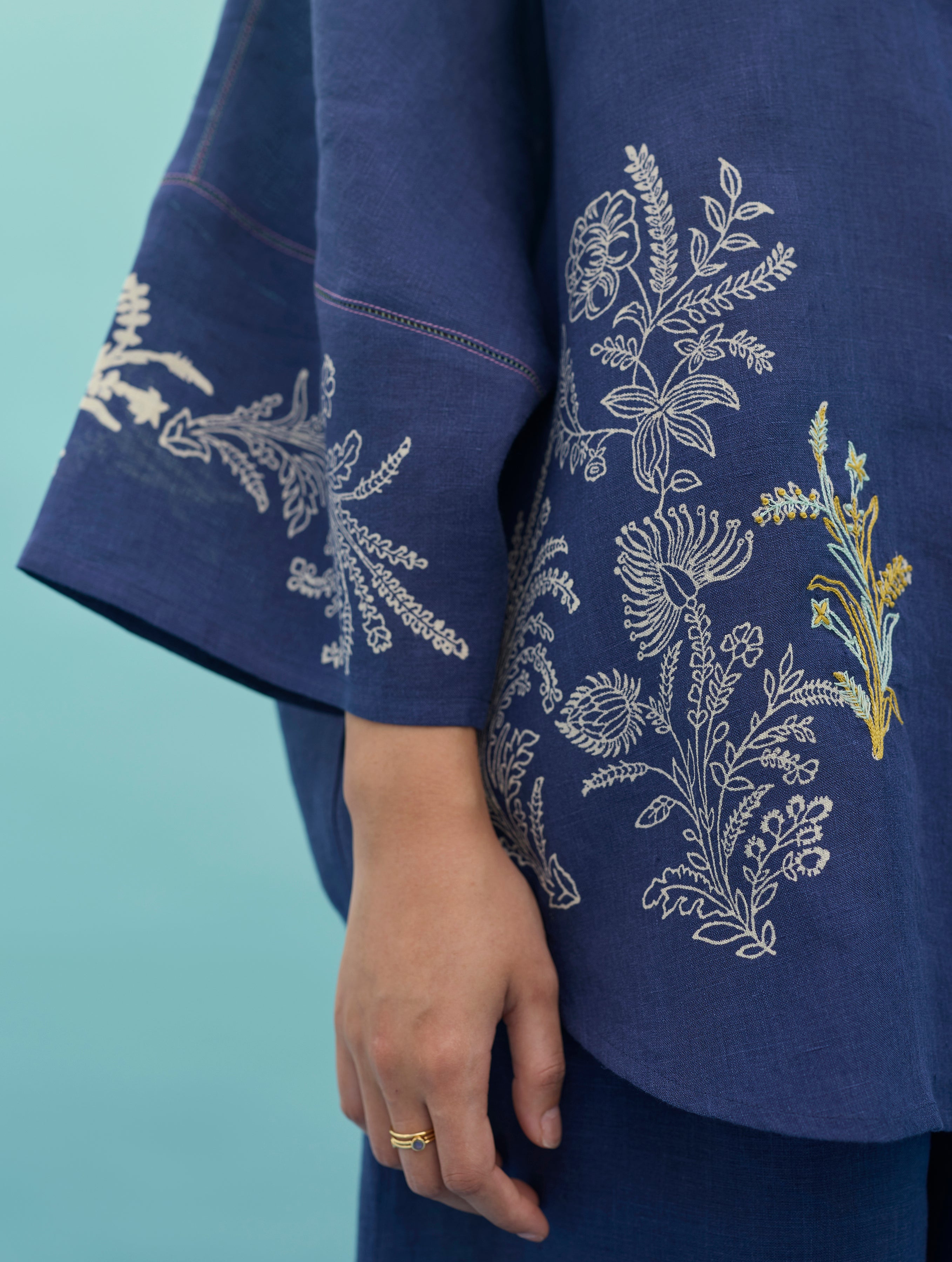 Iva Block Printed Embroidered Co-ord Set - Indigo