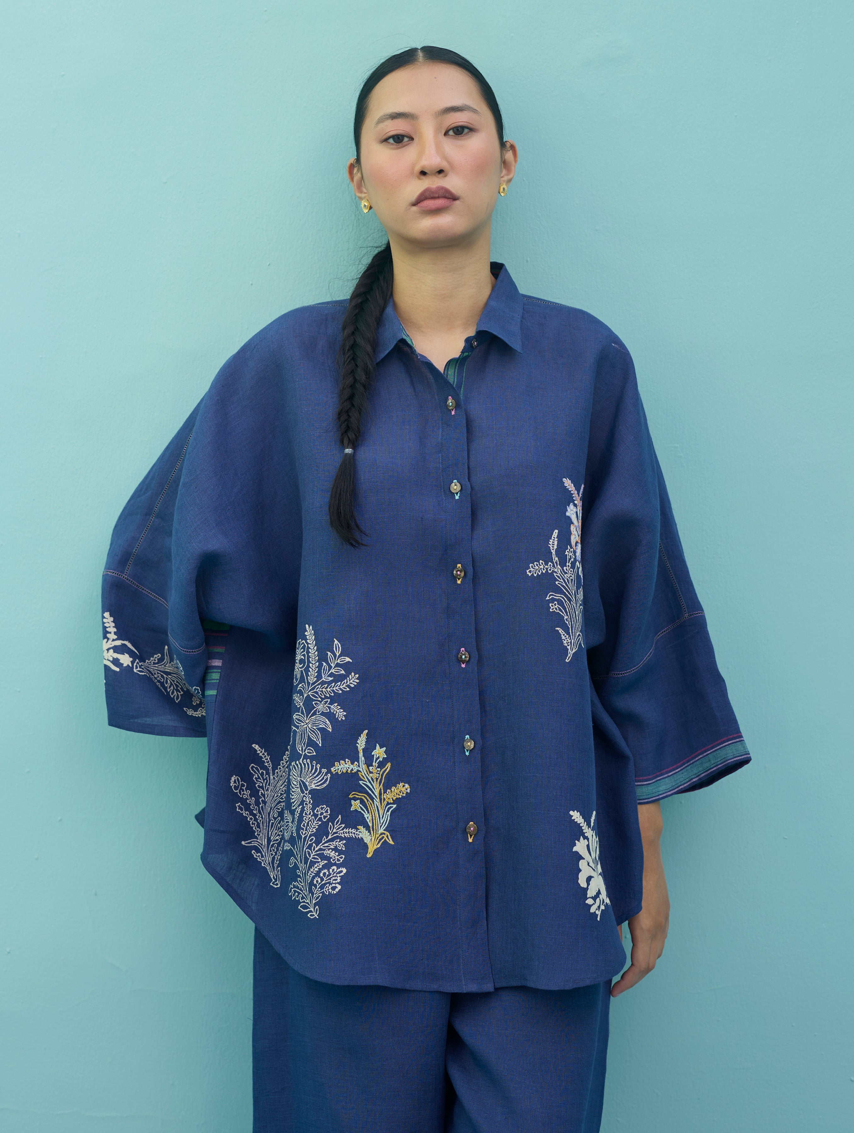 Iva Block Printed Embroidered Co-ord Set - Indigo