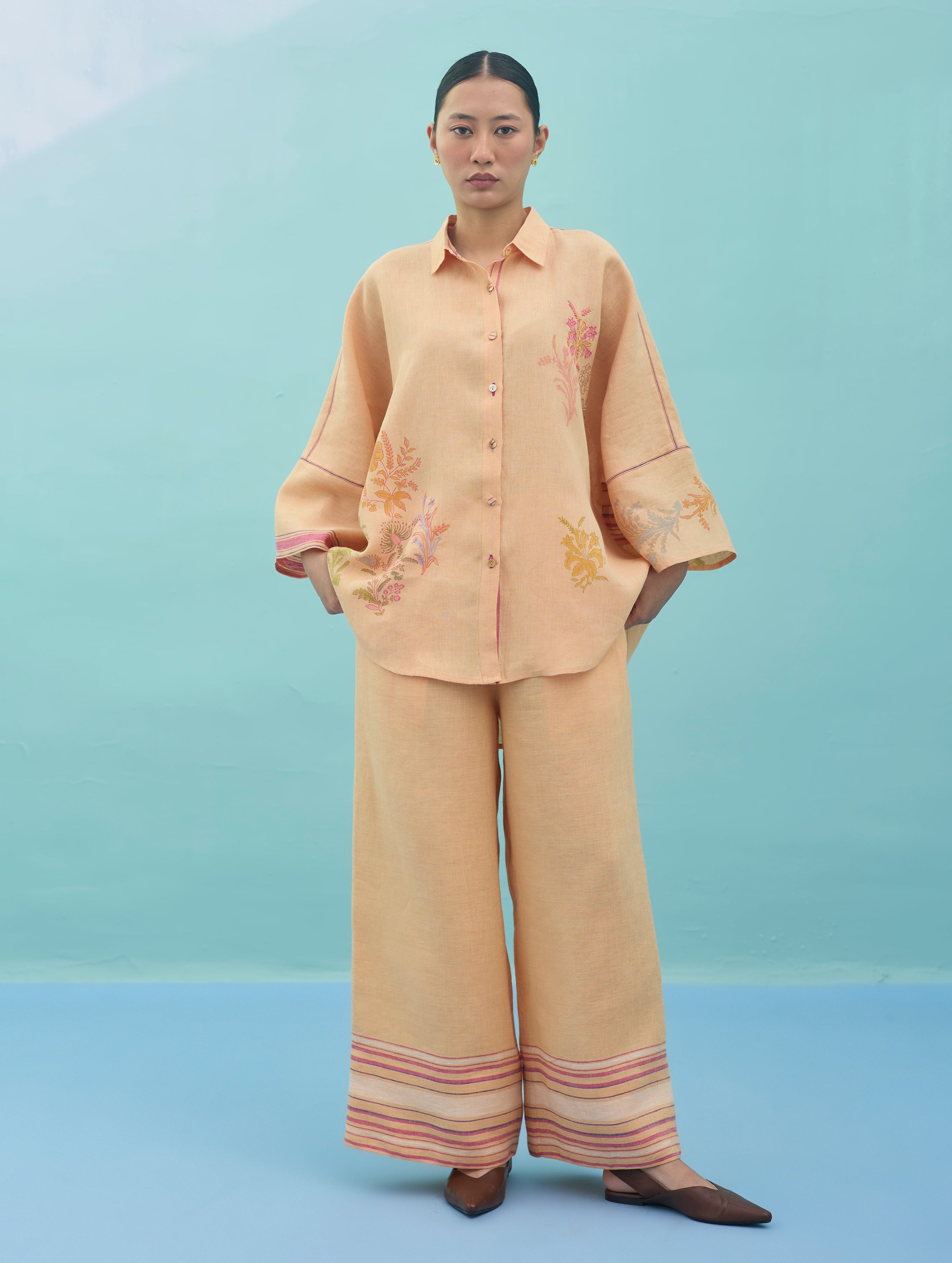 Iva Block Printed Embroidered Co-ord Set - Apricot