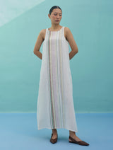 Beli Sleeveless Border Linen Dress with Overlay - Ivory