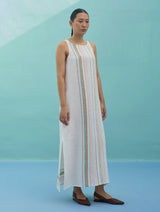 Beli Sleeveless Border Linen Dress with Overlay - Ivory