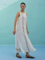 Beli Sleeveless Border Linen Dress with Overlay - Ivory
