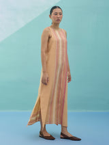 Beli Sleeveless Border Linen Dress with Overlay - Apricot