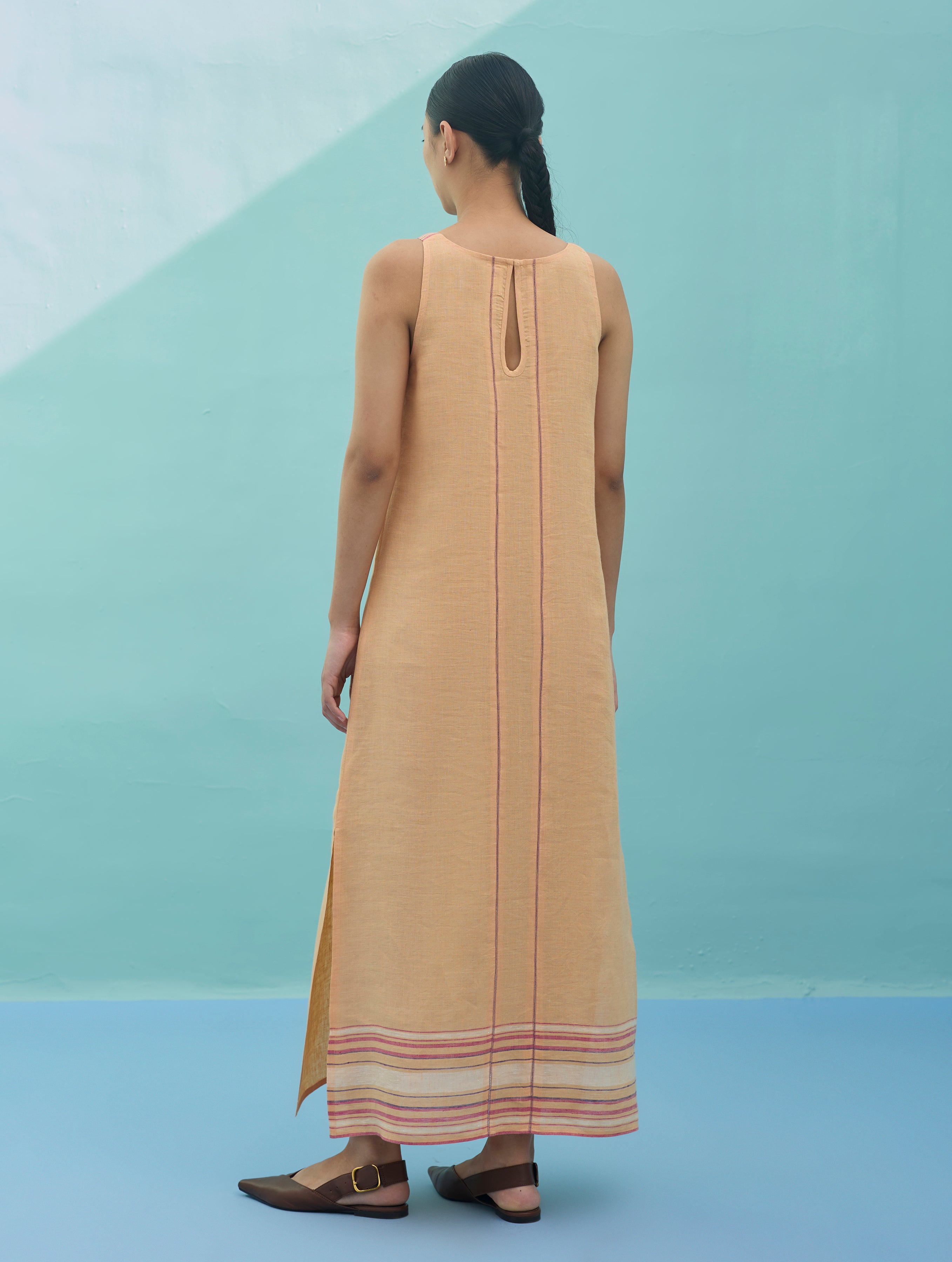 Beli Sleeveless Border Linen Dress - Apricot