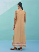 Beli Sleeveless Border Linen Dress with Overlay - Apricot