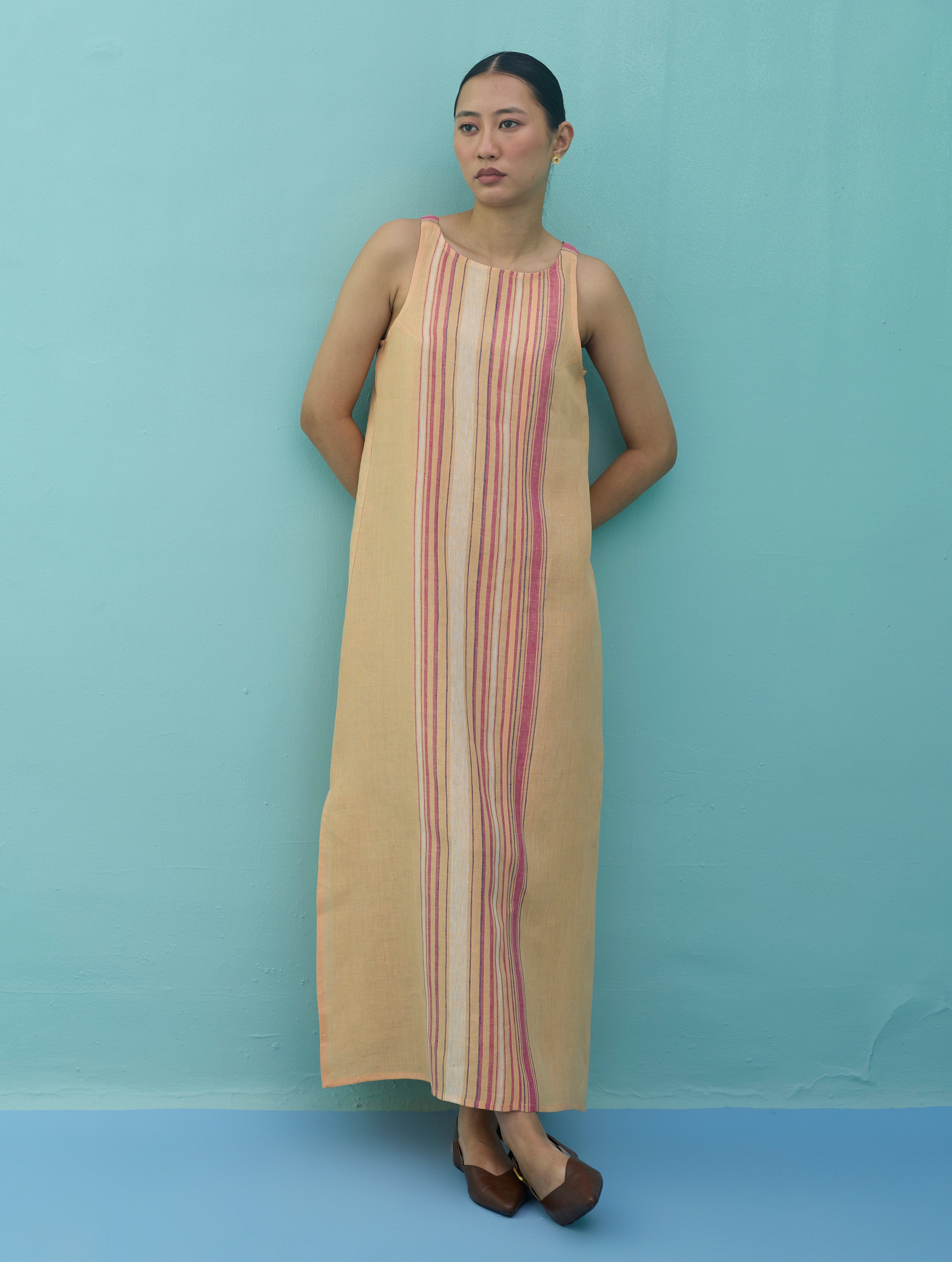 Beli Sleeveless Border Linen Dress - Apricot