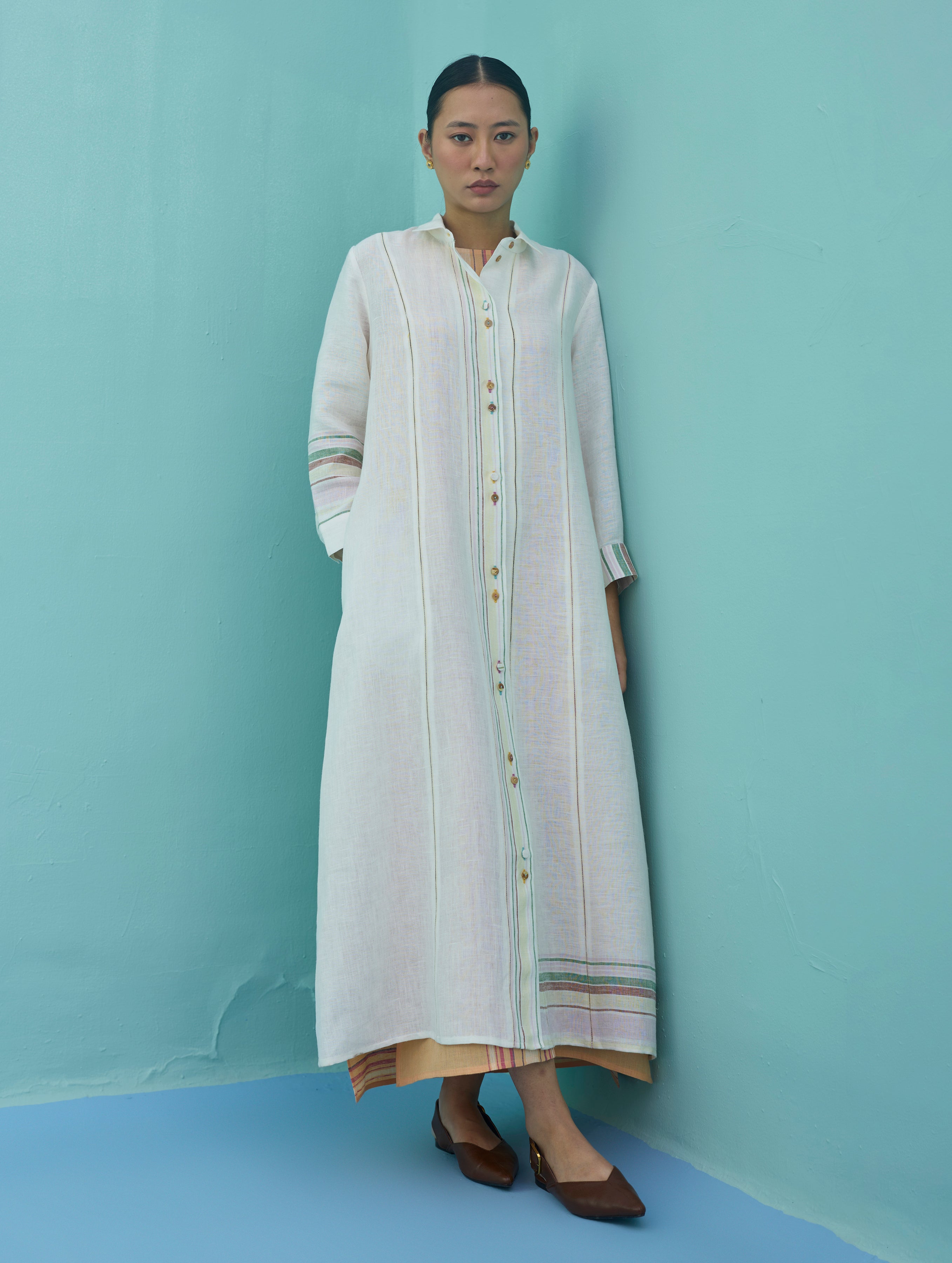 Manara Paneled Border Linen Shirt Dress - Ivory