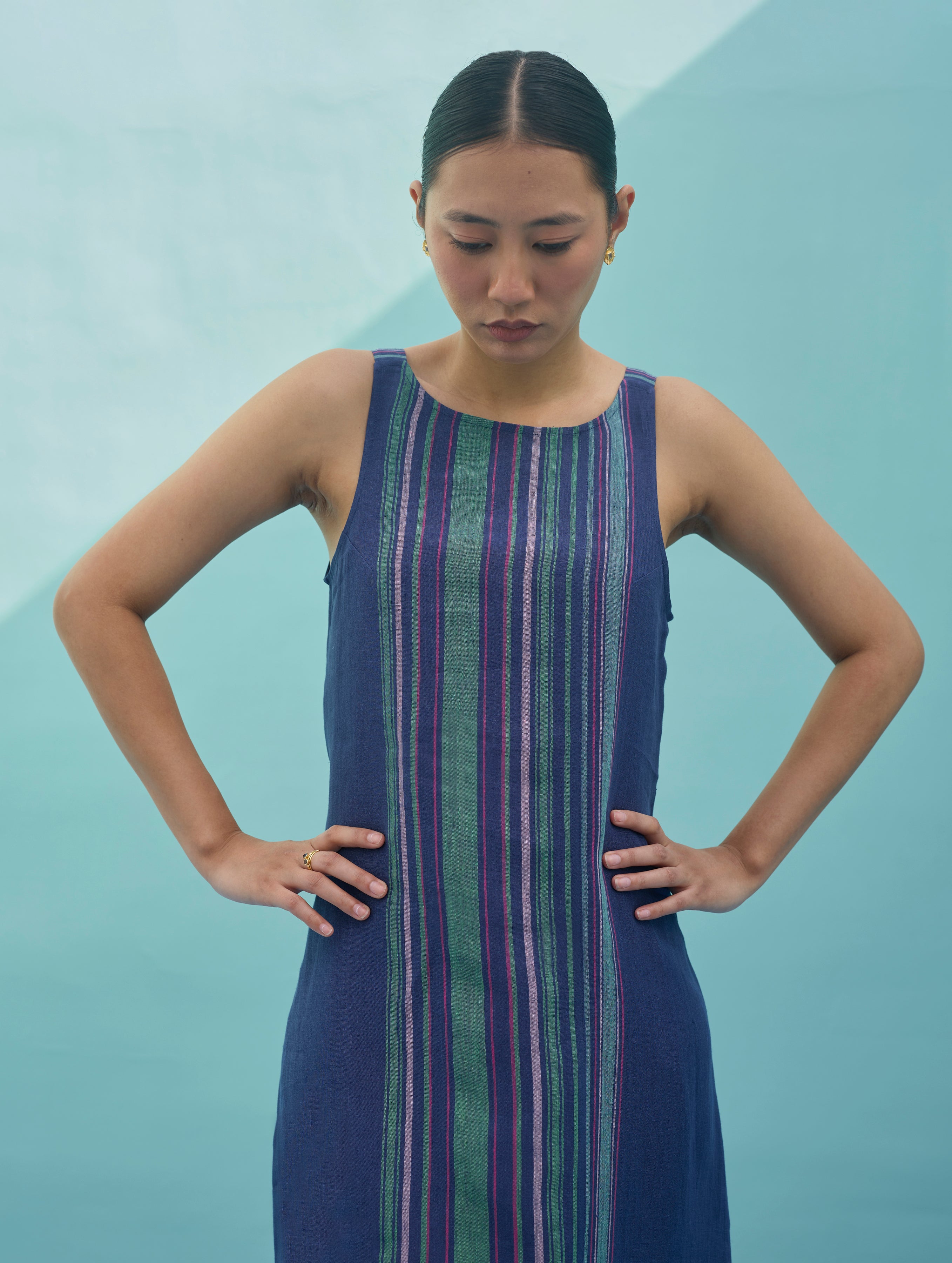 Beli Sleeveless Border Linen Dress - Indigo