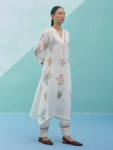 Zura Floral Block-Printed Embroidered Kurta - Ivory