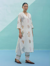 Zura Floral Block-Printed Embroidered Kurta Set - Ivory