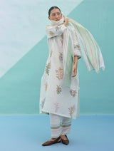 Zura Floral Block-Printed Embroidered Kurta Set - Ivory