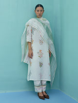 Zura Floral Block-Printed Embroidered Kurta Set - Ivory