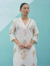 Zura Floral Block-Printed Embroidered Kurta Set - Ivory