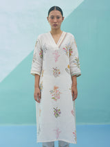 Zura Floral Block-Printed Embroidered Kurta - Ivory