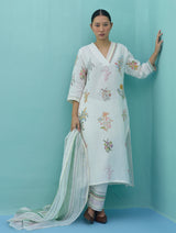 Zura Floral Block-Printed Embroidered Kurta Set - Ivory