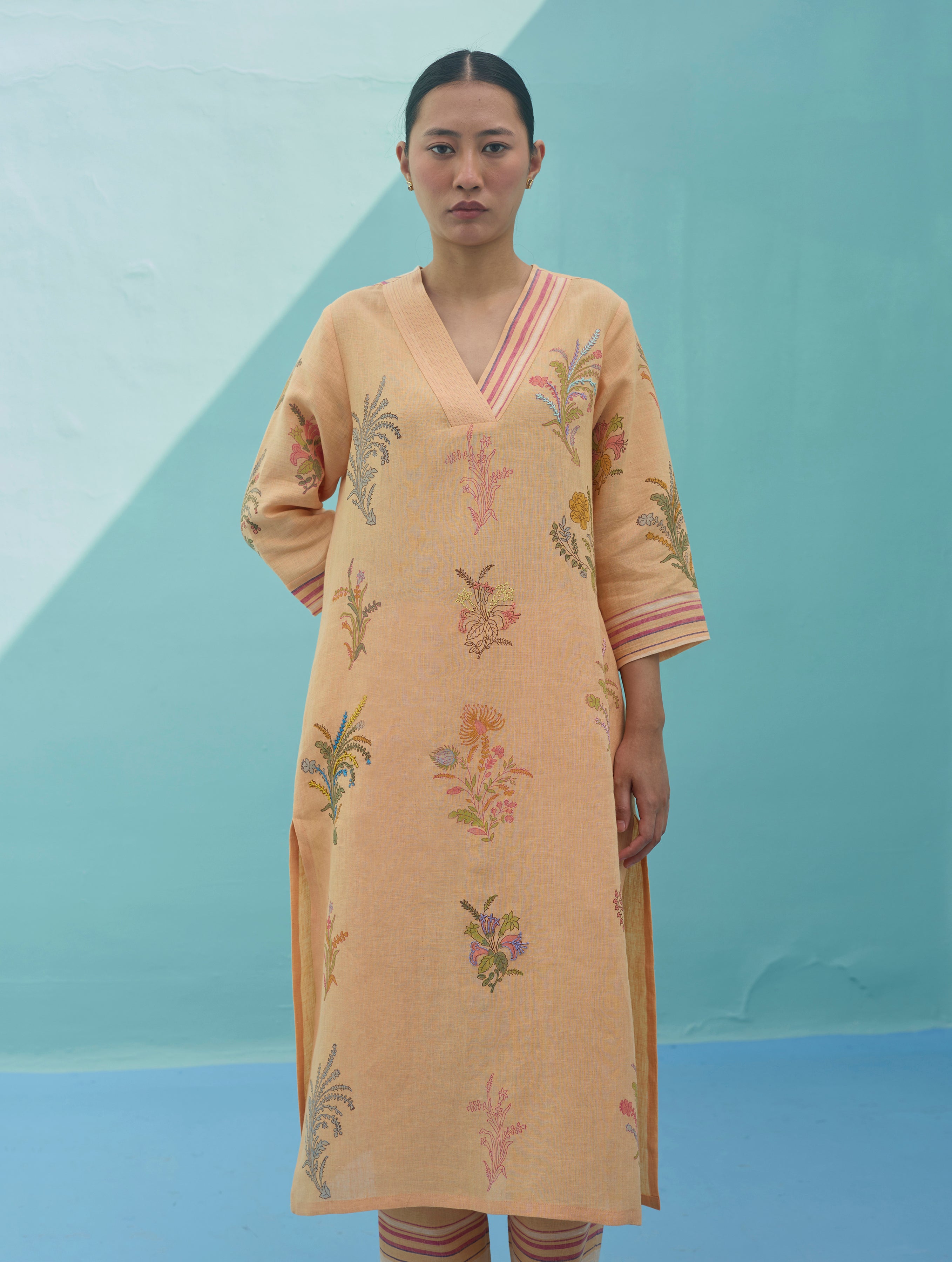 Zura Floral Block Printed Embroidered Kurta Set - Apricot