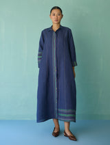 Manara Paneled Border Linen Shirt Dress - Indigo