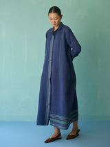 Manara Paneled Border Linen Shirt Dress - Indigo
