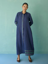 Manara Paneled Border Linen Shirt Dress - Indigo