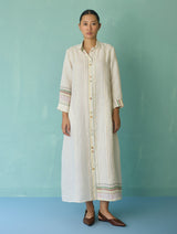 Manara Paneled Border Linen Shirt Dress - Ivory