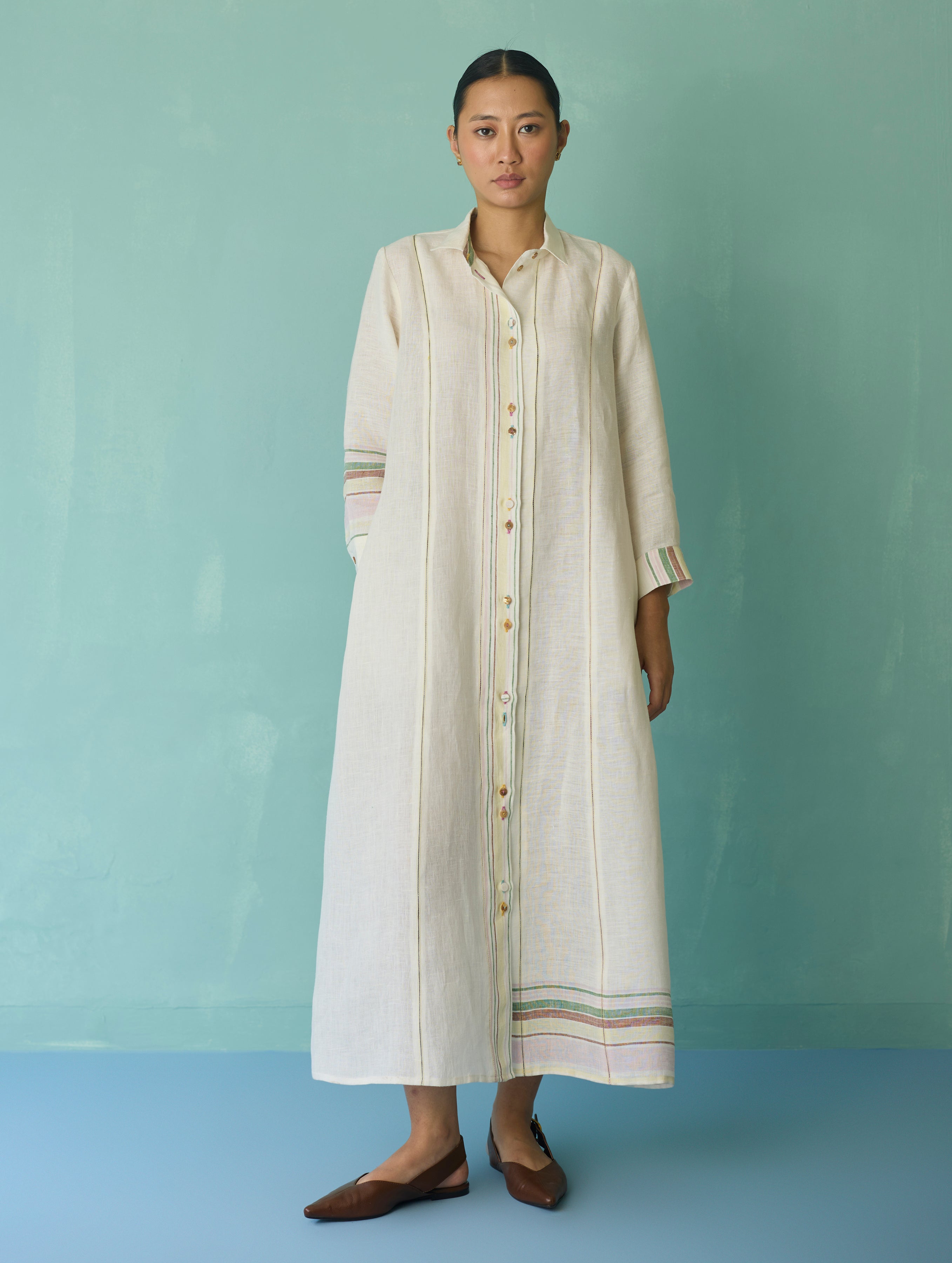 Manara Paneled Border Linen Shirt Dress - Ivory