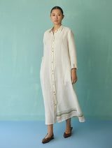 Manara Paneled Border Linen Shirt Dress - Ivory