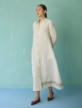 Manara Paneled Border Linen Shirt Dress - Ivory