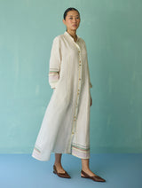 Manara Paneled Border Linen Shirt Dress - Ivory