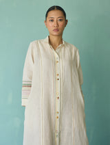 Manara Paneled Border Linen Shirt Dress - Ivory