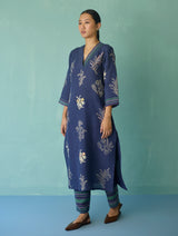 Zura Floral Block Printed Embroidered Kurta Set - Indigo