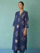 Zura Floral Block Printed Embroidered Kurta - Indigo