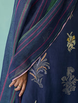 Zura Floral Block Printed Embroidered Kurta Set - Indigo