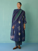 Zura Floral Block Printed Embroidered Kurta Set - Indigo
