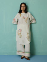 Nami Floral Block-Printed Curved Hem Kurta Set - Ivory