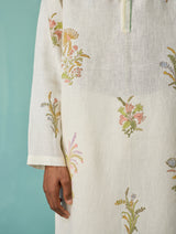 Farhan Block-Printed Floral Kurta Set - Ivory