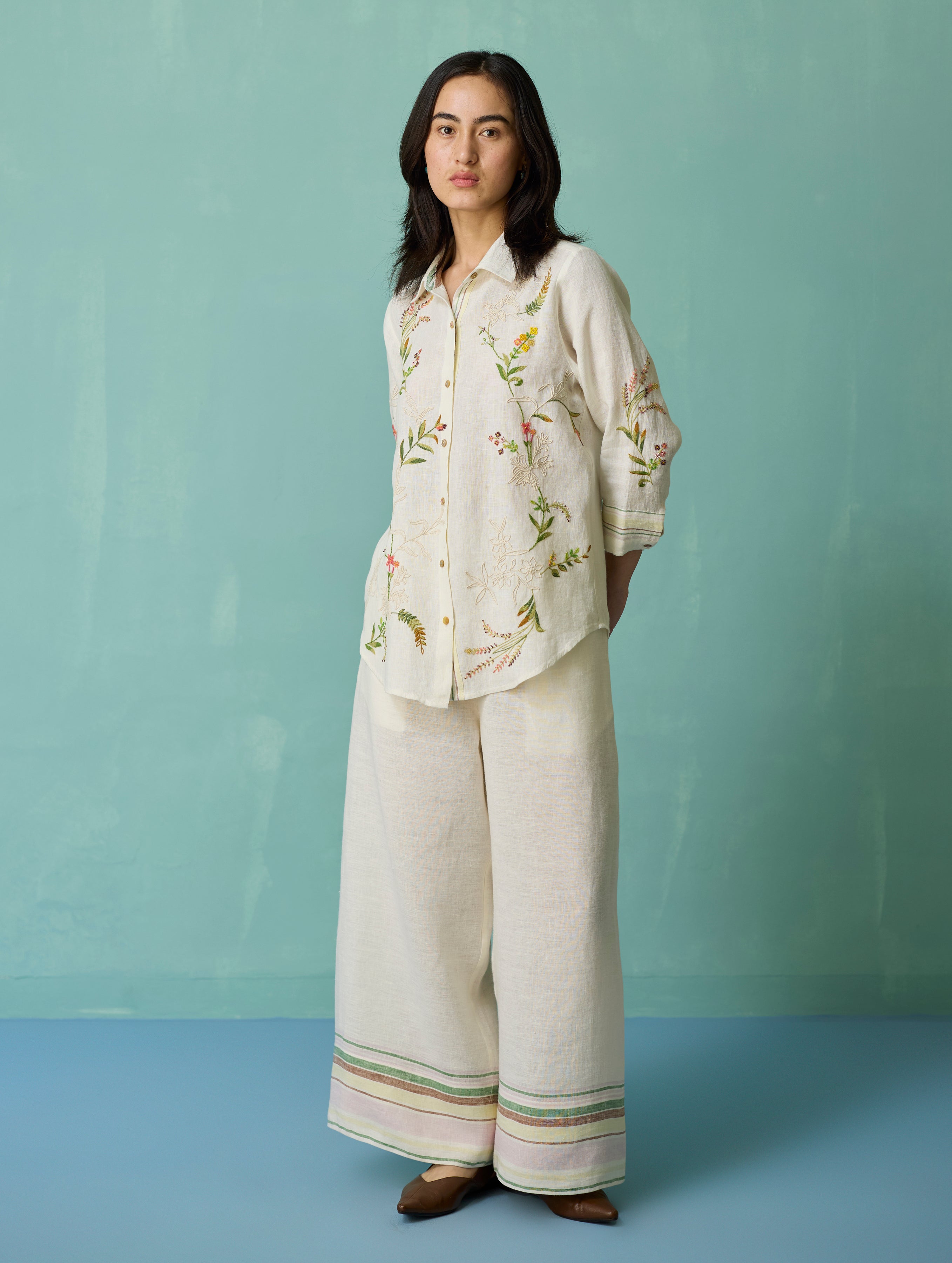 Kima Hand-Embroidered Floral Co-ord Set - Ivory