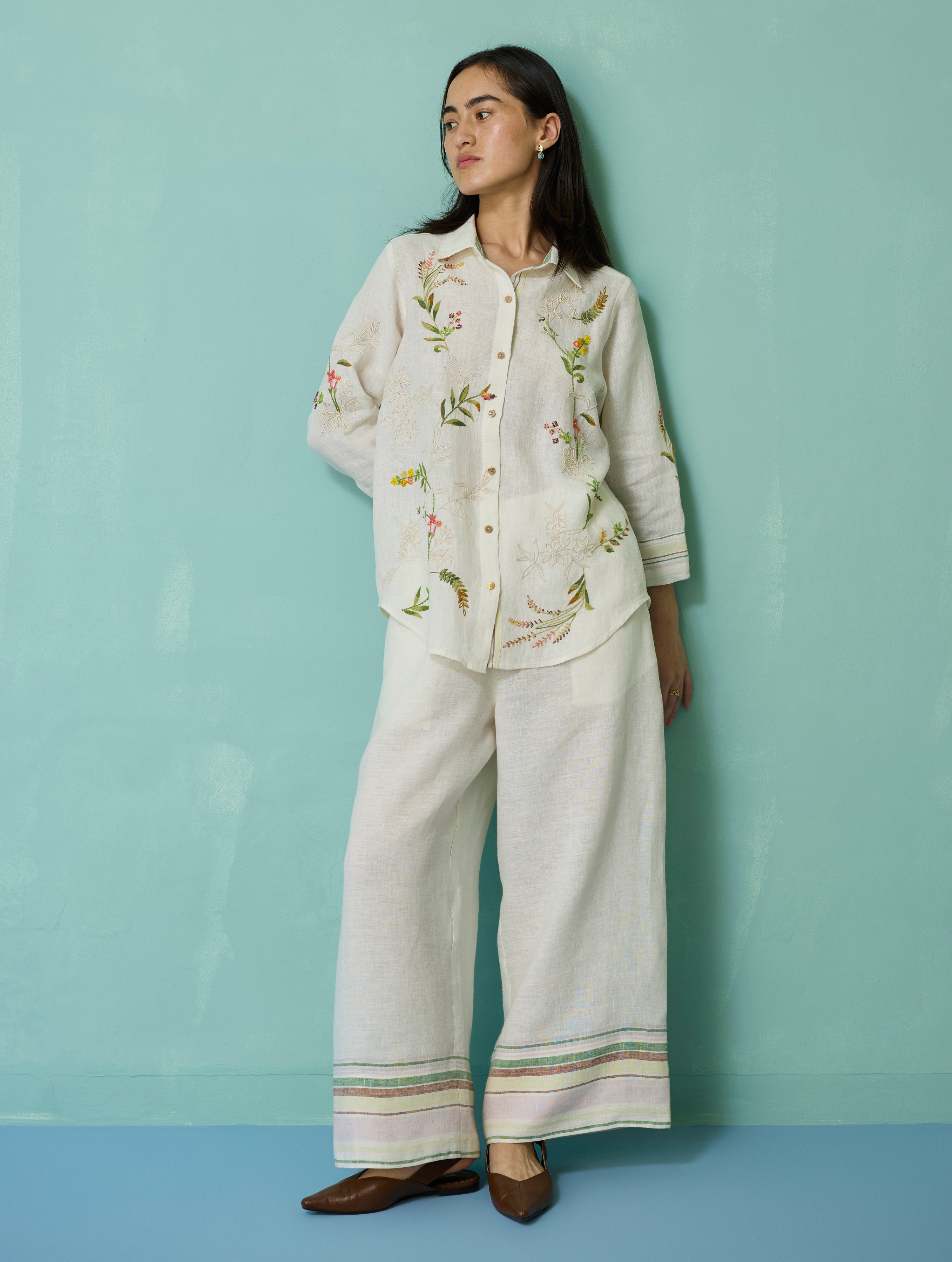 Kima Hand-Embroidered Floral Co-ord Set - Ivory
