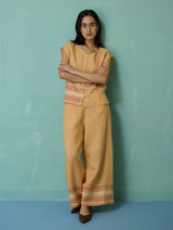 Xora Border Linen Cap-Sleeve Top - Apricot