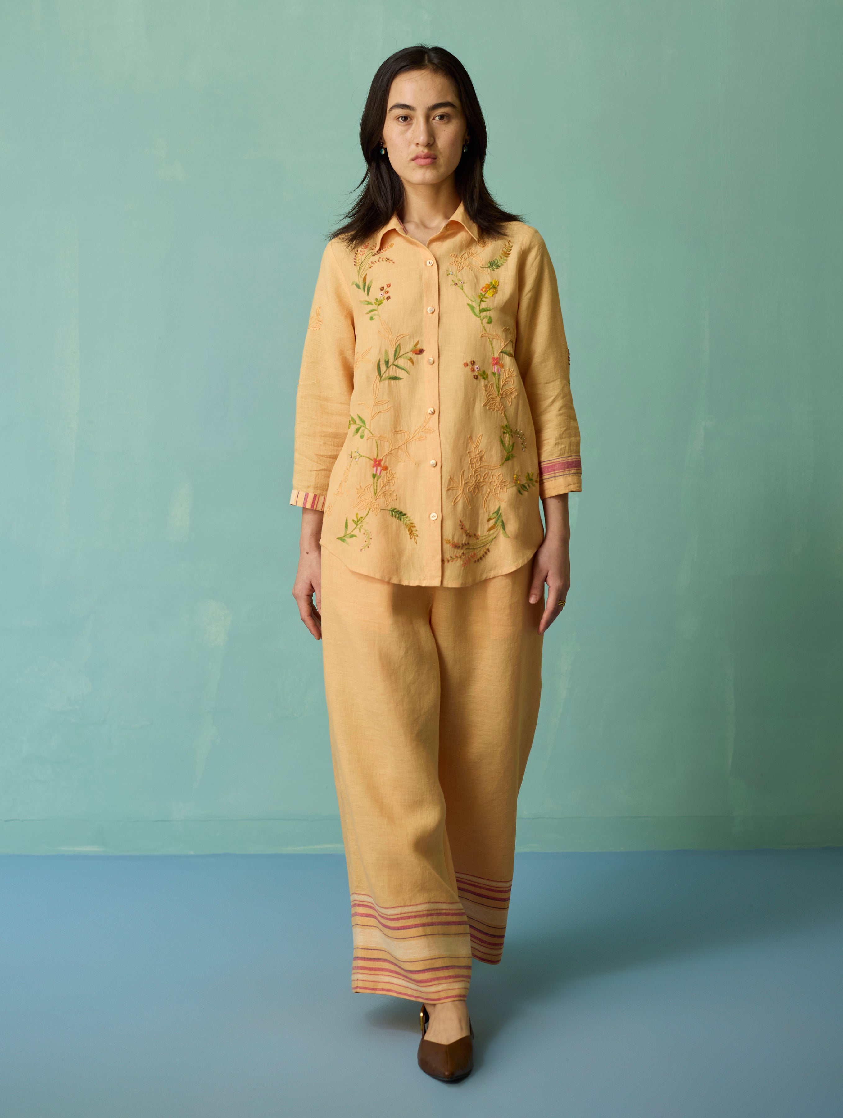 Kima Hand-Embroidered Floral Co-ord Set - Apricot