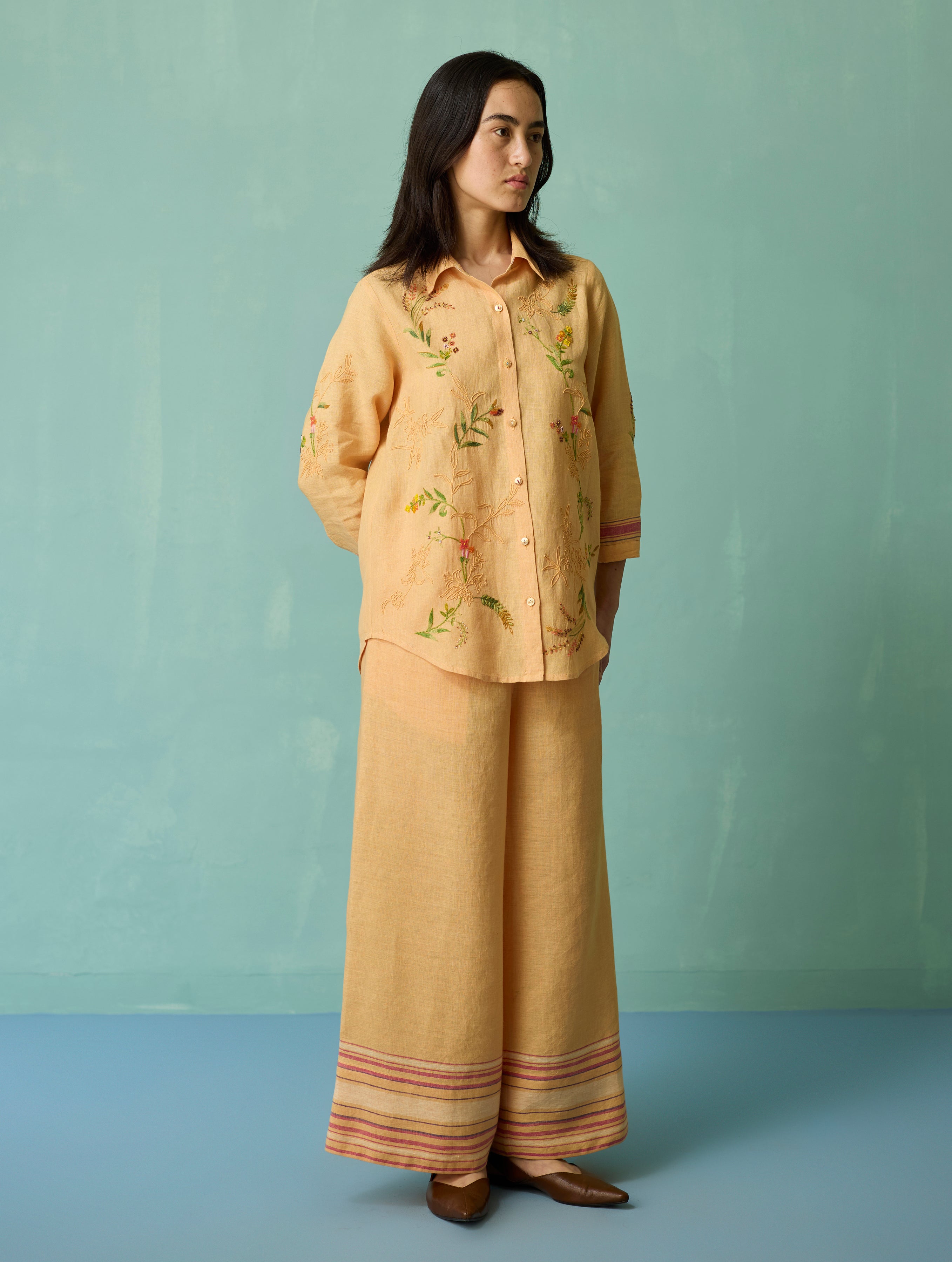 Kima Hand-Embroidered Floral Co-ord Set - Apricot