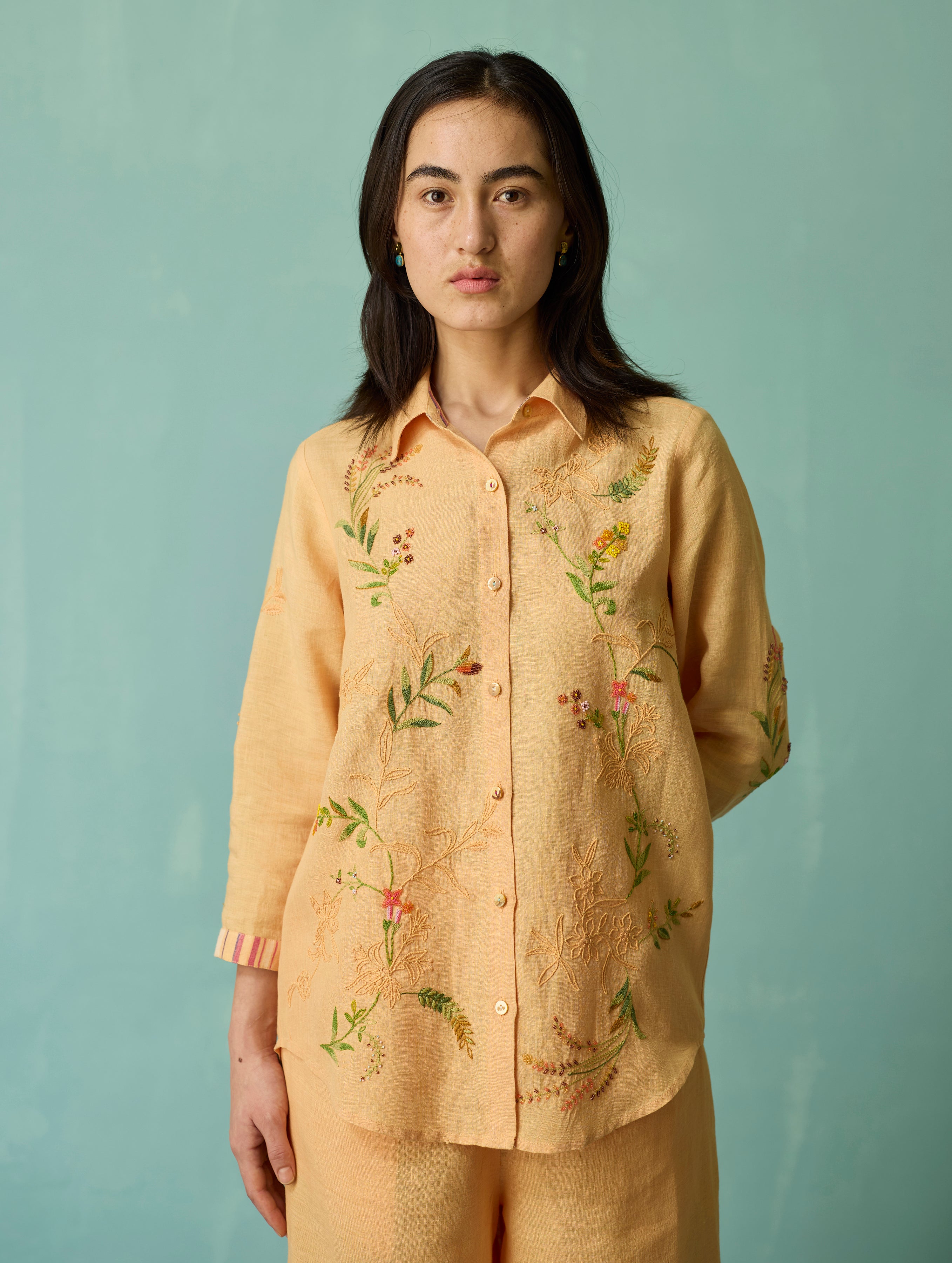 Kima Hand-Embroidered Floral Co-ord Set - Apricot