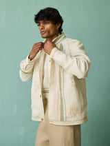 Sorren Hand-Embroidered Border Linen Jacket - Ivory